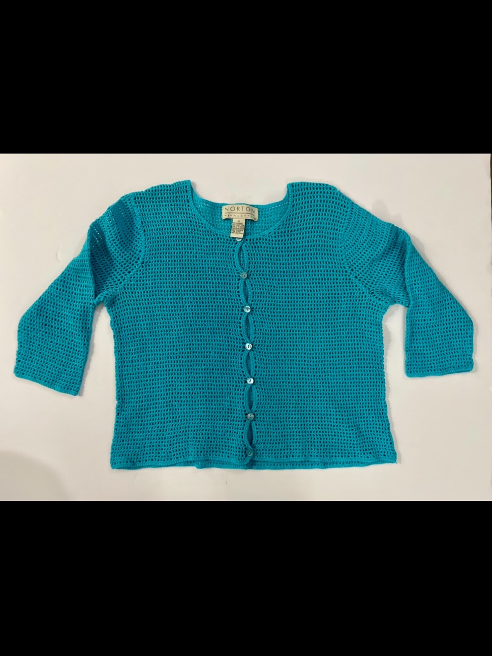 VTG Norton McNaughton Teal Blue Open Crochet Knit Cardigan Sweater ¾ Sleeve